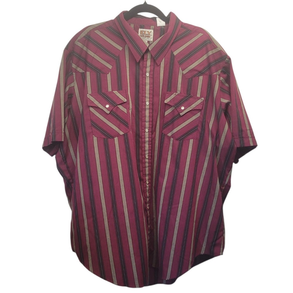 VTG Ely Cattleman Mens XXL Western Pearl Snap Short Sleeve Burgundy Striped